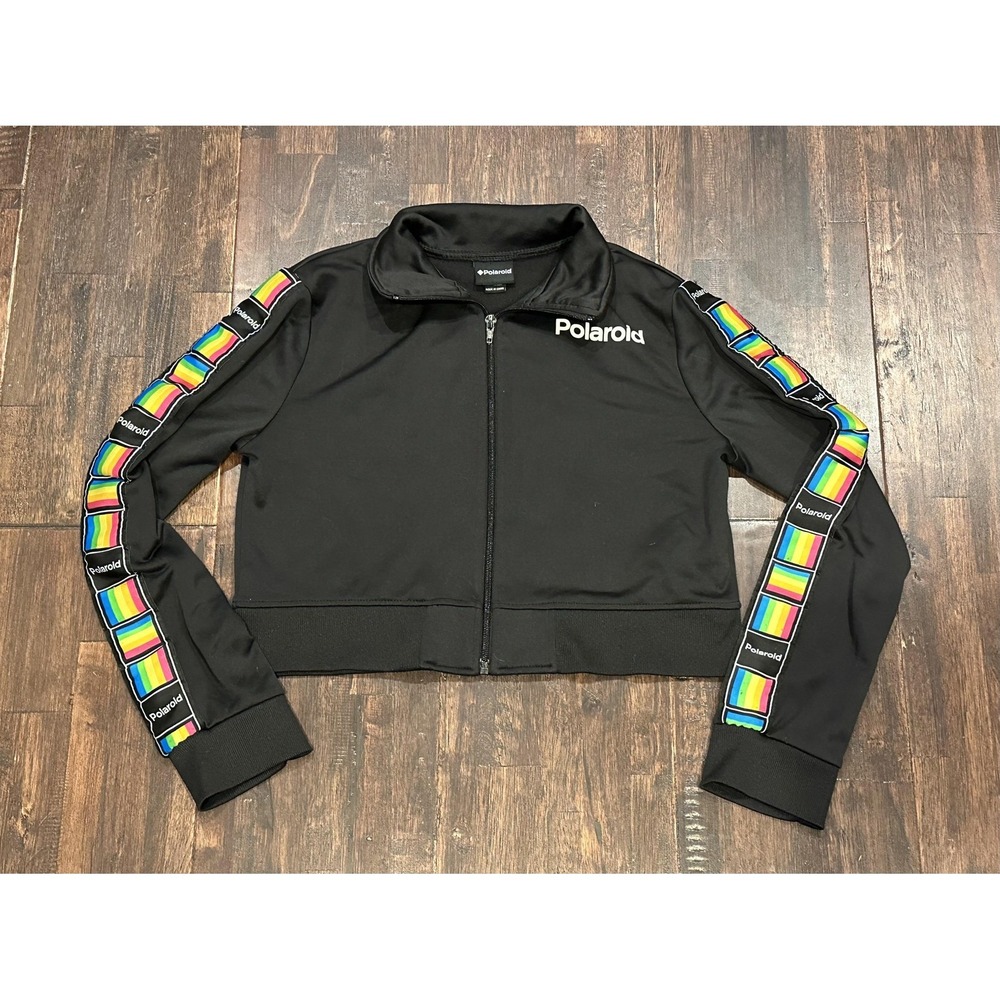 Vintage Polaroid Cropped Track Jacket‎ Womens M Black Rainbow Logo Strip Sleeves